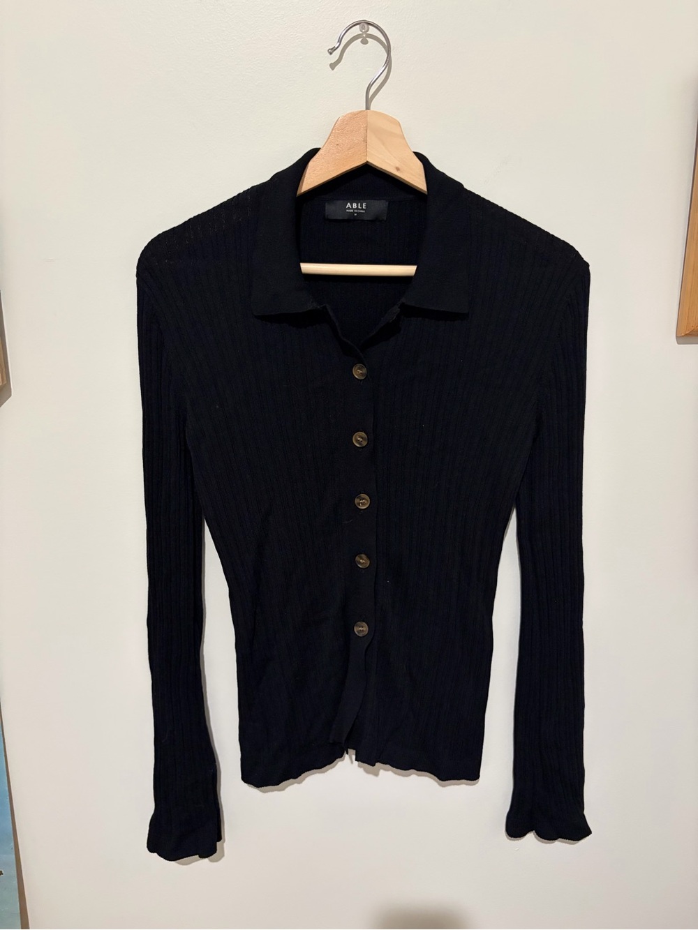 Able Ribbed Button Up Cardigan Sweater Black Size Medium Lightweight Academia